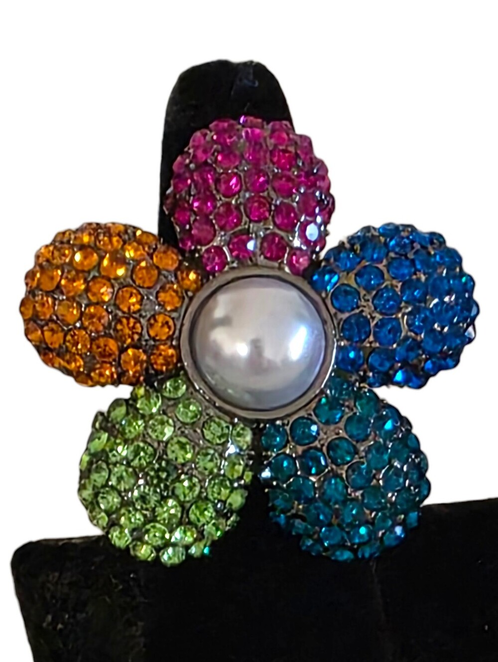NEW Kurt Geiger Crystal & Pearl Flower Pavé Cocktail Ring Size 7 Rainbow Multi